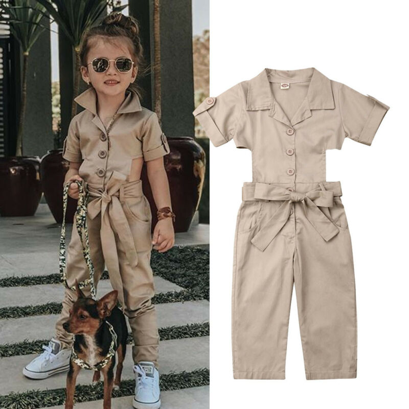 

Kids Baby Girl Clothes Short Sleeve Belt Bowknot Overalls Cool Girl British Style Bodysuit Romper Jumpsuit Trousers Outfit 2-7Y, Beige