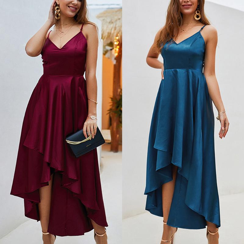 

Hot Women Solid Color Sling Dress Irregular Female Formal Dress Party Wedding, Blue