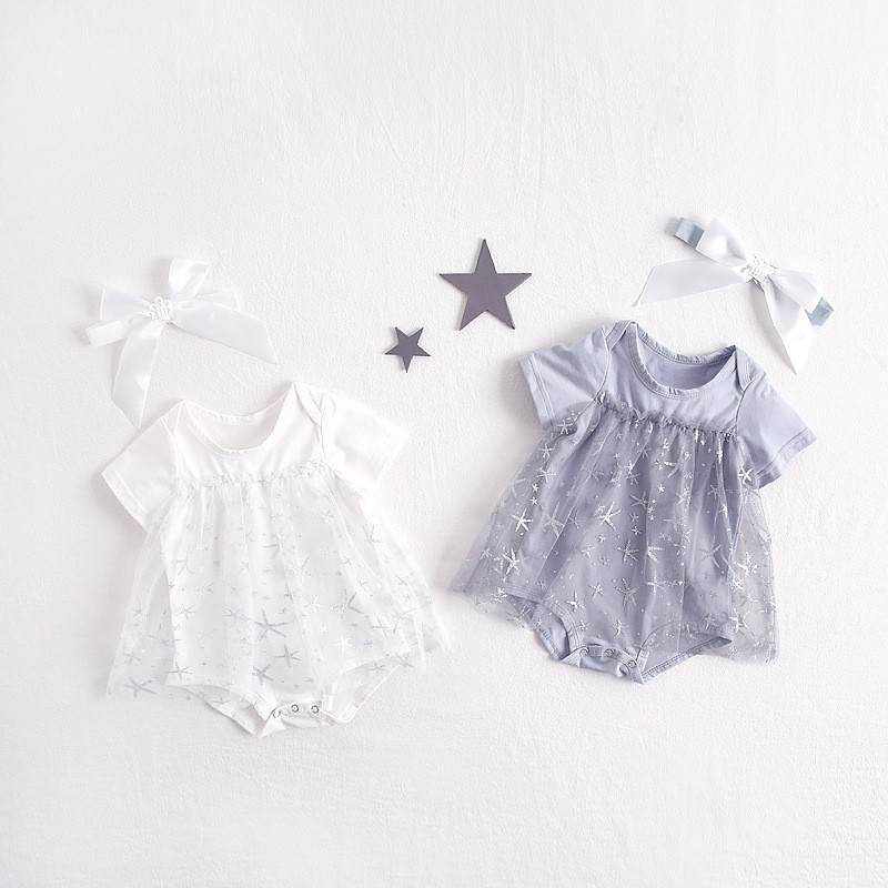 

Summer Baby Girls Outfit Short-sleeved Starfish Mesh Cotton Romper Skirt Grey White O Neck Princess Birthday Outfit Headband Set, Blue