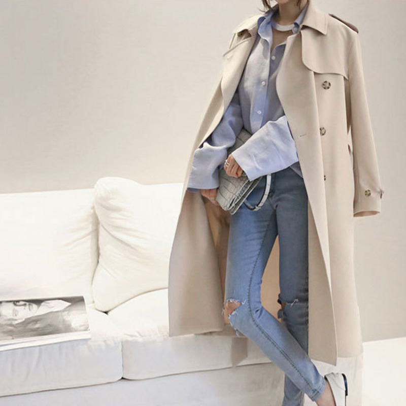 

Korean Trench Coat Lady Spring Long Windbreaker Stylish Autumn Loose Outwear Cloak Black Trench Double-breasted Slit Women Coat