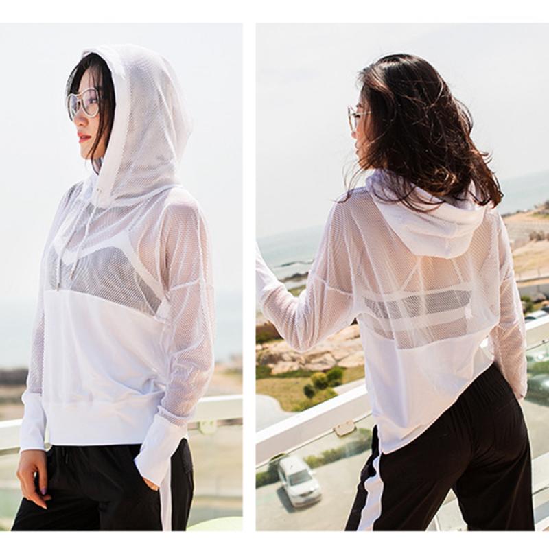 

Women Long Sleeve Yoga Hollow Hooded Loose Tops Casual Sport Fashion Patchwork Pullovers Mesh Net Hoodies Yoga Shirts Clothes, Black
