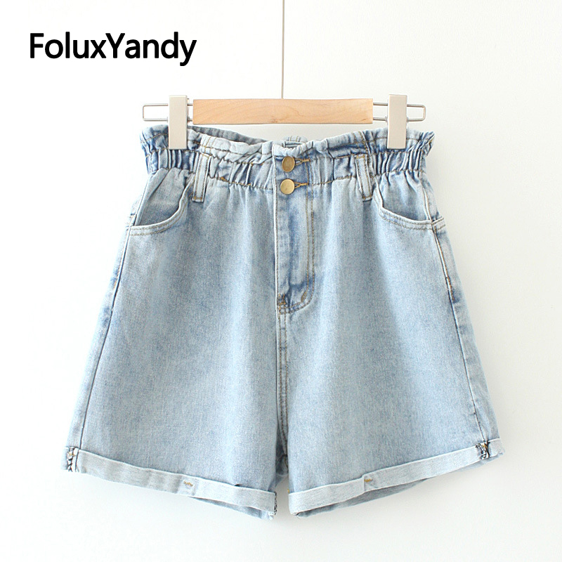 

Casual Denim Shorts Women Plus Size Loose High Waist Summer Shorts Blue Black KKFY4512