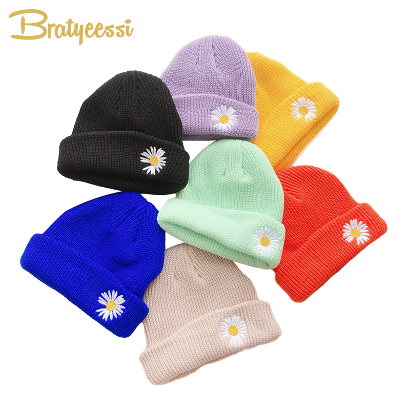

Embroidery Winter Kids Hat for Girls Daisy Flower Knitted Baby Beanie Kids Cap Elastic Thick Warm Children Girl Hat, Black