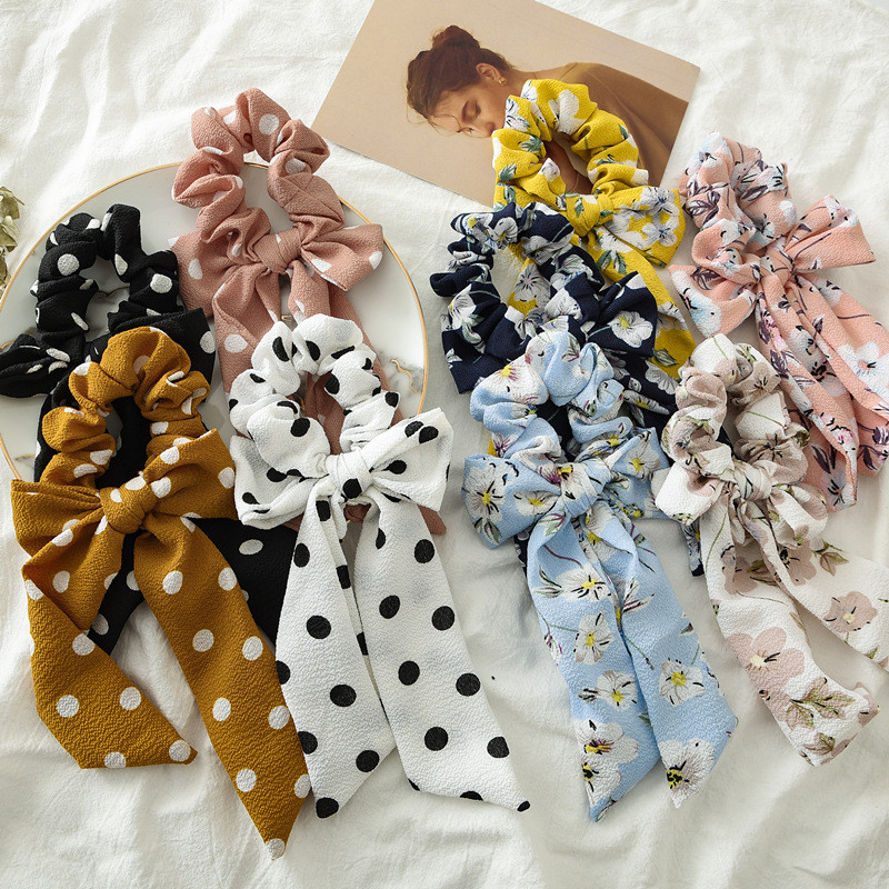 

Ribbon Hair Ties Flower Dot Print Hairbands Ponytail Scrunchie Elastic Rubber Hair Rope Elegant Women Girls Accessories