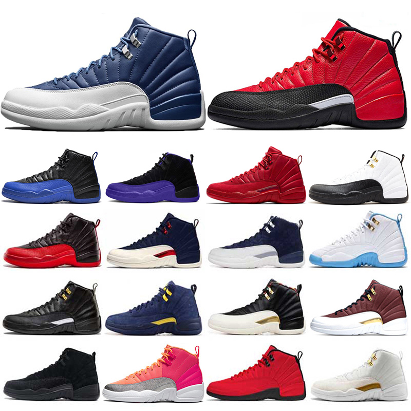 

12 12s Mens Basketball shoes REVERSE FLU GAME INDIGO Gym Red FIBA Dark concord TAXI university gold Mens Sports Trainers Sneakers shoes 7-13, Ov black