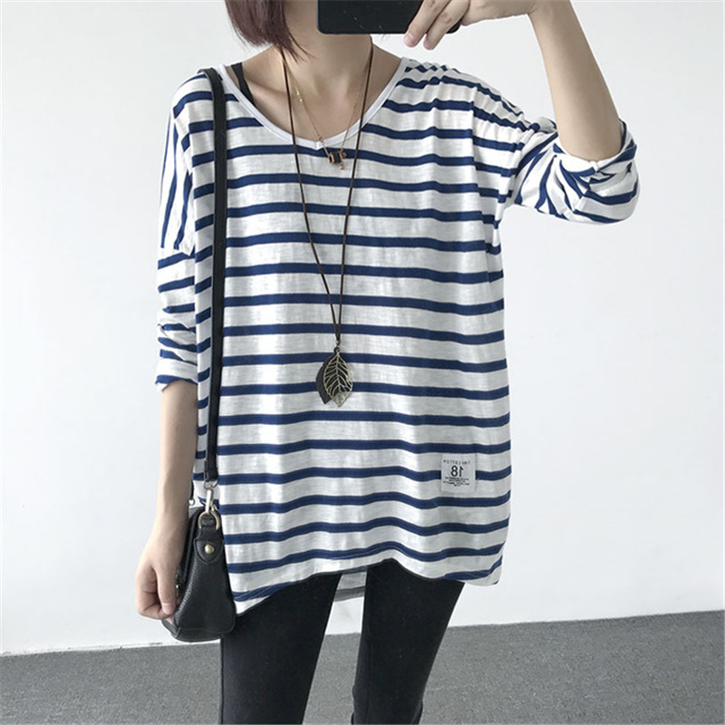 

Women t-shirt Loose Long sleeve Striped T Shirt Streetwear V-Neck All-match Summer Fall Thin Tee Shirt Cotton long Tshirt Female, Gray