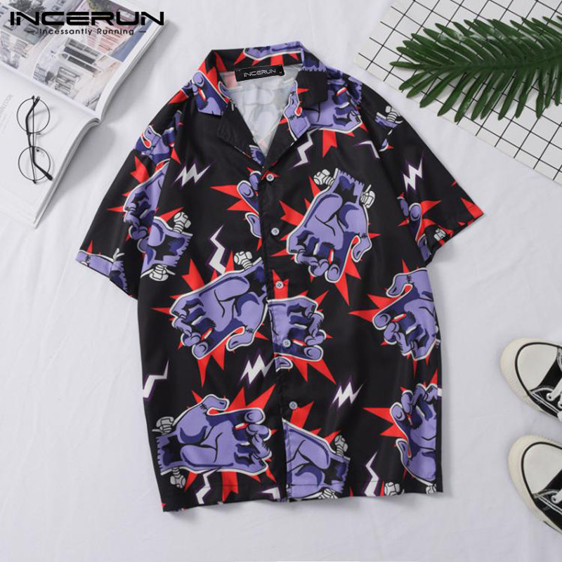 

Mens Hawaiian Vocation Camisa Fashion Short Sleeve Prtined Shirts Man Summer Printed Lapel Comfy Blusas Streetwear S- INCERUN, Black