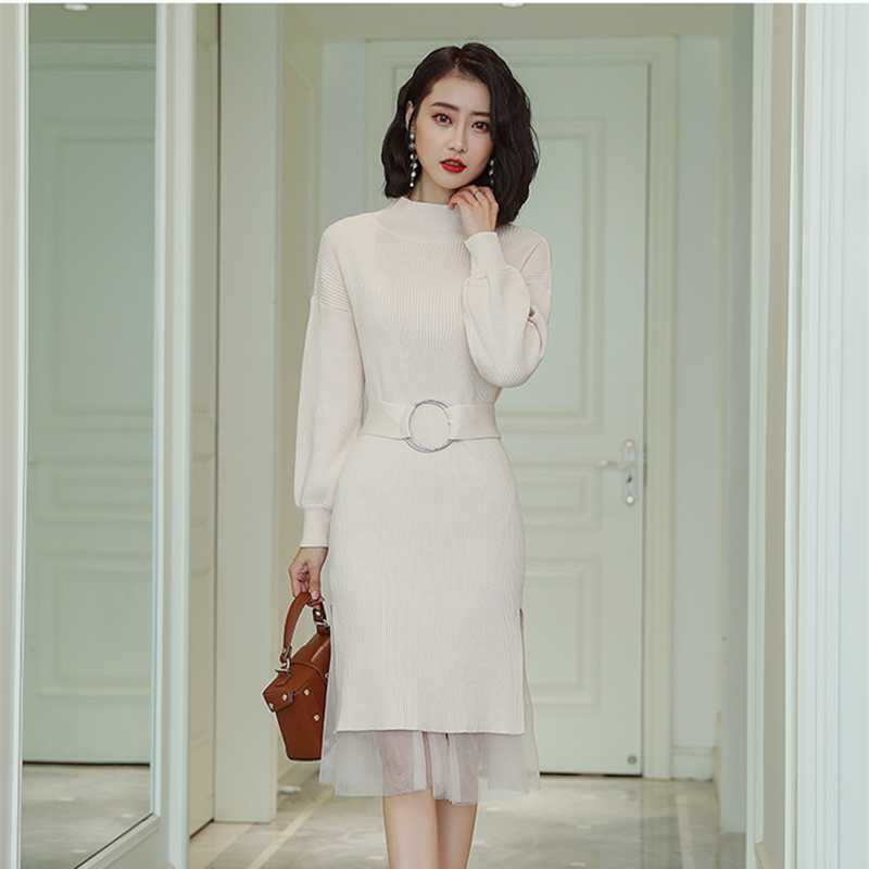 

Autumn Winter Warm Knitted Women Dress Fashion Loose Two sets Sweater Dresses Casual knit bottoming Dress Female mujer, Black