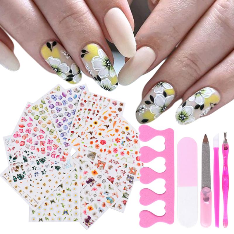 

Nail Set with 11pc Butterfly Daisy Stickers 5pc Manciure Nail Art Tools Kit Simulation Dried Flower 3D Sliders NFSTZC01-11-1