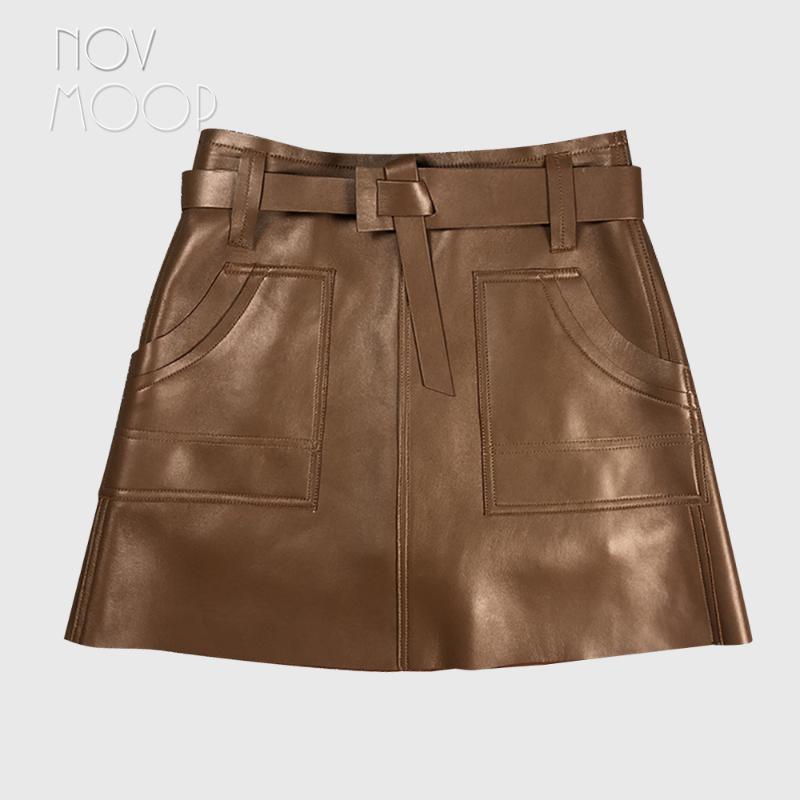 

novmoop 2020 new fashion genuine leather sheepskin compisite with jersey fabric women skirt Falda de cuero LT3221, Black