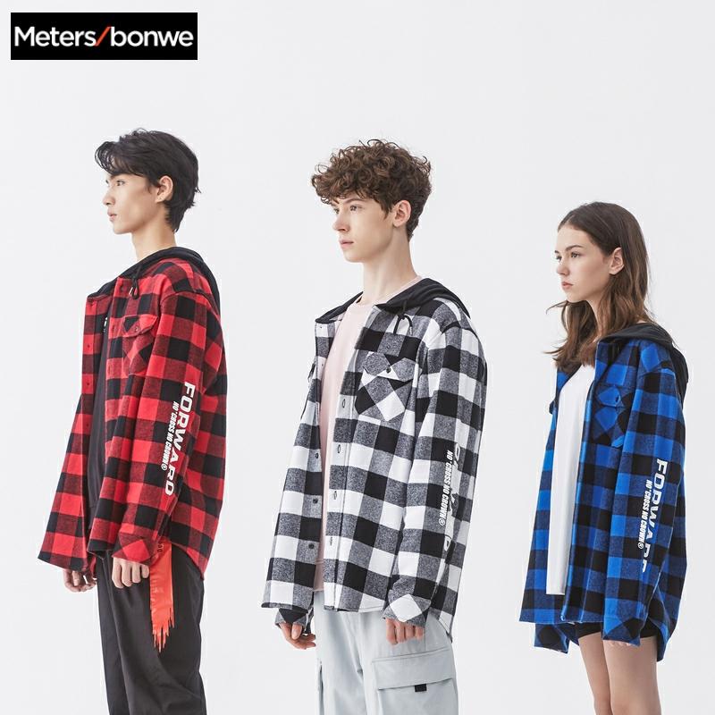 

Metersbonwe 2020 Spring New Men Long Sleeve Cotton Shirt Loose Plaid student Shirt Leisure Retro Hooded Men, Yellow