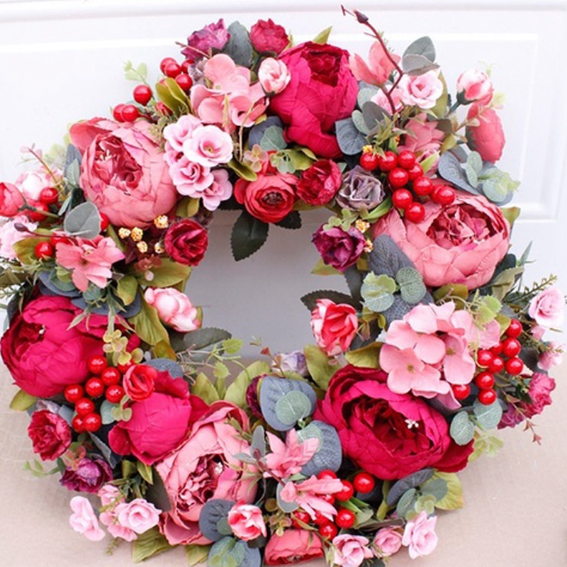 

Wedding Artificial Wreath Autumn Red Peony Wreath Christmas Door Ornaments Wall Hanging Home Decoration, Green