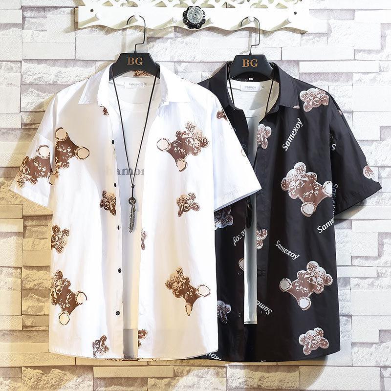 

2020 Summer New Korean Men Plus Size Loose Fashion Cartoon Printed Casual Shirt Tide Brand Men's Shirt Free Shipping Size -5XL, Black