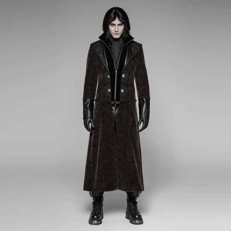 

PUNK RAVE Men' Detachable Gentleman Style Punk Jacket Twill Velveteen PU Winter Long Coat, Coffee