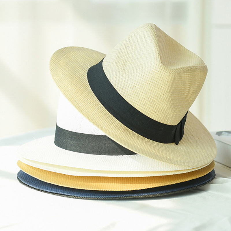 

HT2261 2019 New Summer Hats for Men Women Straw Panama Hats Solid Plain Wide Brim Beach Hats with Band Unisex Fedora Sun Hat Y200619, Blue;gray