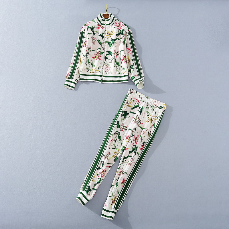 

European and American women's clothing 2020 autumn new style Long sleeve zipper jacket trousers Fashionable lily print suit, White