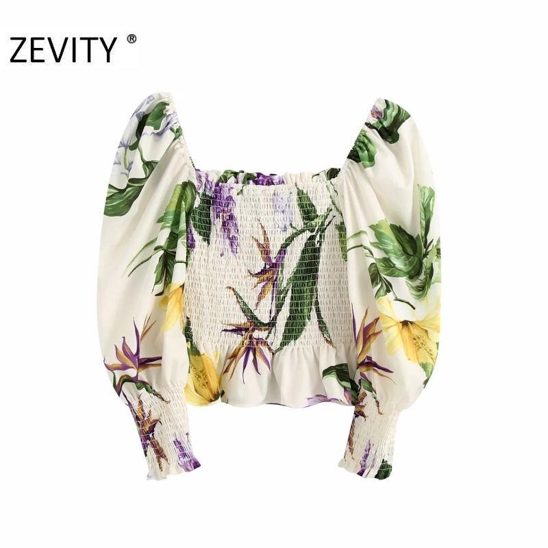 

ZEVITY women vintage square collar flower print casual smock blouse shirt women pleats elastic chic blusas femininas tops LS7054, As pic ls7054bb