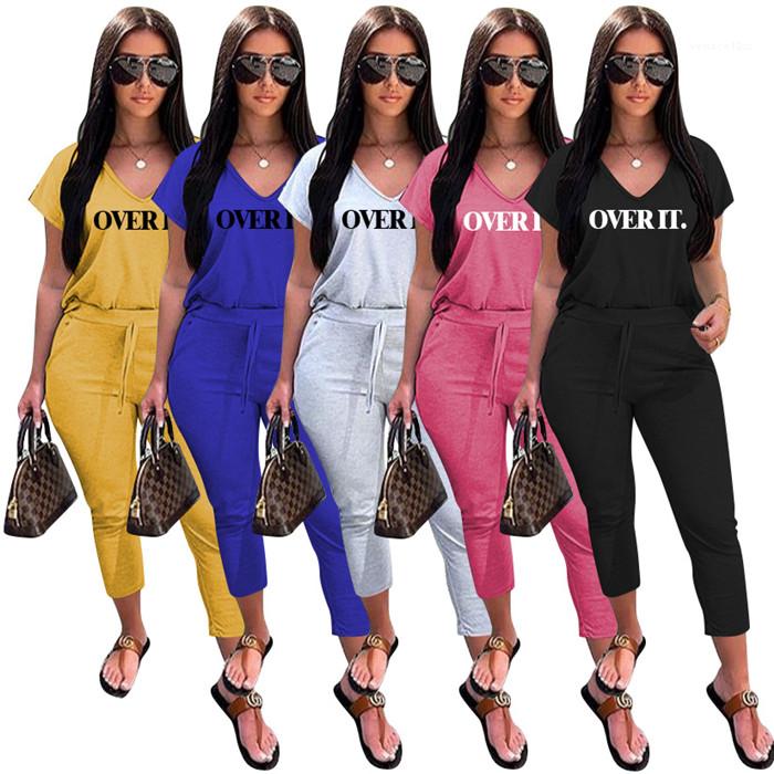 

Short Sleeve Loose Tshirt Designer Pure Color Cropped Pants Famale Sport Set Women Letter Casual Tracksuit V Neck