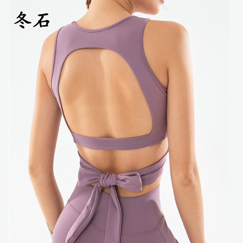 

Breathable Women Twist Front Cutout Back Bowknot Yoga Fitness Gym Sports Bra Active Wear, Army green