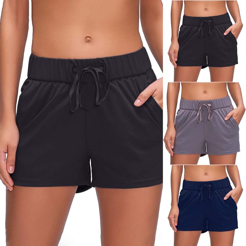 

Hot Women Casual Solid Elastic High Waist Push Up Fitness Yoga Shorts Running Gym Stretch Sports With Pockets Short Pants, Gy