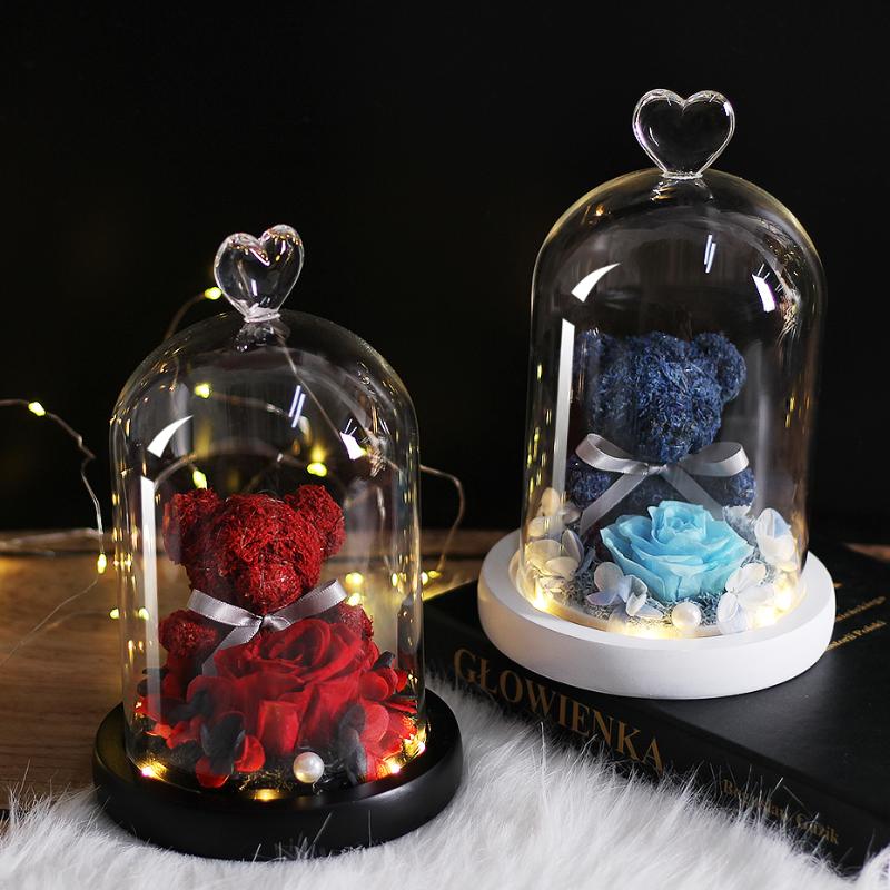 

New Teddy Bear Rose Flowers In Glass Dome Christmas Festival DIY Cheap Home Wedding Decoration Birthday Valentine's Day Gifts, Mini pink