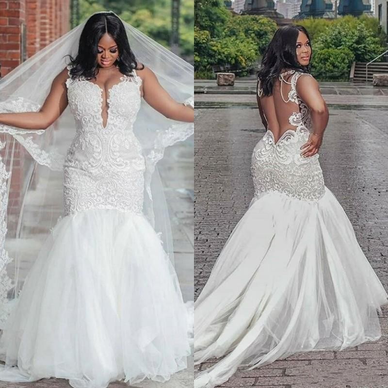 

Fabulous Lace African Mermaid Wedding Dresses Plus Size Backless Court Train Tulle Applique Sexy Bride Gowns, Silver