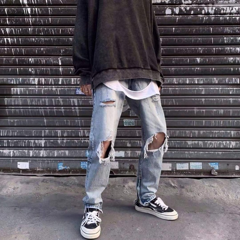 

The new summer high street ripped jeans in Europe and America, Blue