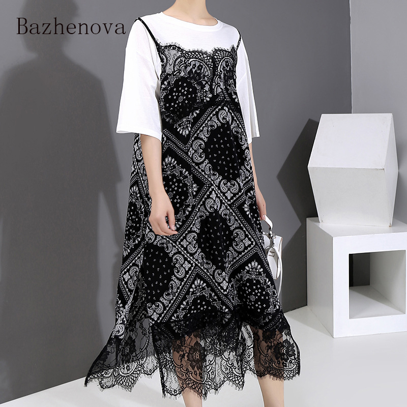 

Bazhenova Summer Women Fake Two-piece Lace Dress Woman Boyfriend Style Patchwork Short Sleeve Printing Pencil Dresses Girls R496, Black