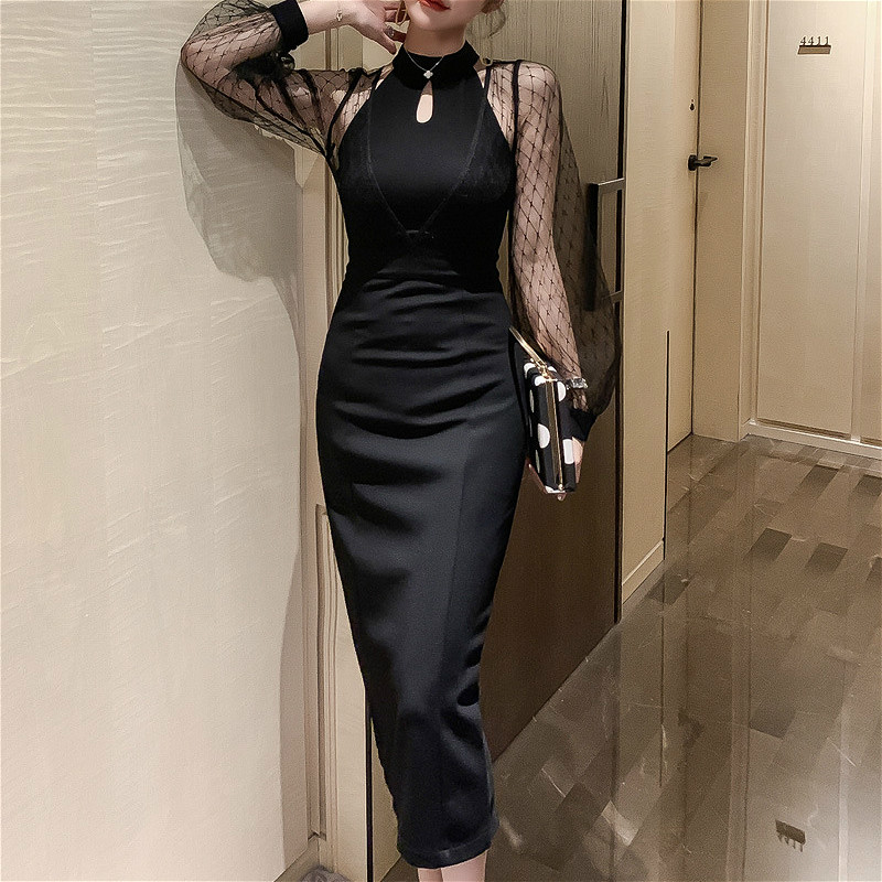 

2020 Women Autumn Vintage Dresses Mid-Calf Long Sleeve Mesh Hollow Out Empire Sheath Elegant Evening Party Long Black Vestidos, Vintage black