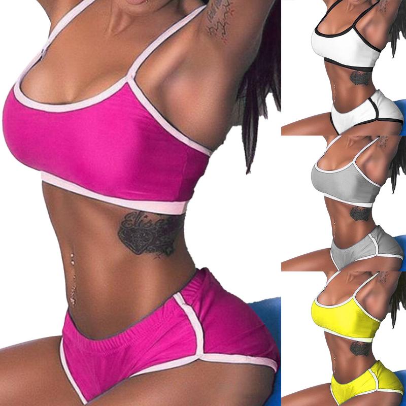 

Fashion Women' Fitness Sportswear Deep U Neck Sleeveless Vest Crop Top with High Waist Sports Shorts Running Workout Yoga Set, Yellow