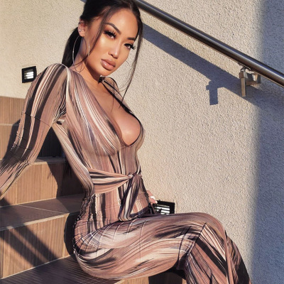 

Womens Fashion Autumn Dress Women Personalized Printed Dress 2020 Designer Long Sleeve V-neck Dresses Lady Sexy Print 2020 For Wholesale, Brown