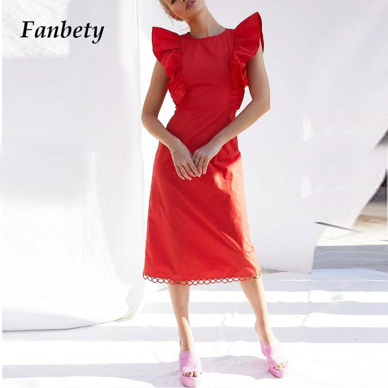

Women Elegant Butterfly Sleeves Party Dress 2020 Summer Vintage O-Neck Hollow-Out Dresses Ladies Sexy Slim Red Dresses Vestidos