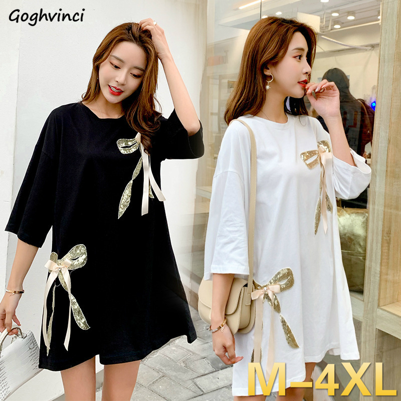 

Short Sleeve Dress Women Summer Half-sleeve Large Bows Oversize Plus Size 4XL Loose Korean-style Casual Teens Harajuku Ulzzang, Black