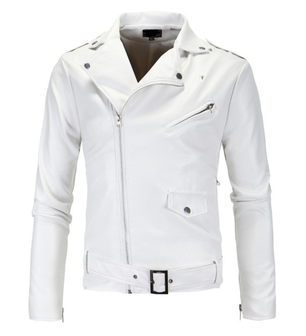 

2020 Men's White Diagonal Zipper Locomotive Slim Leather Youth Fashion Lapel Jacket