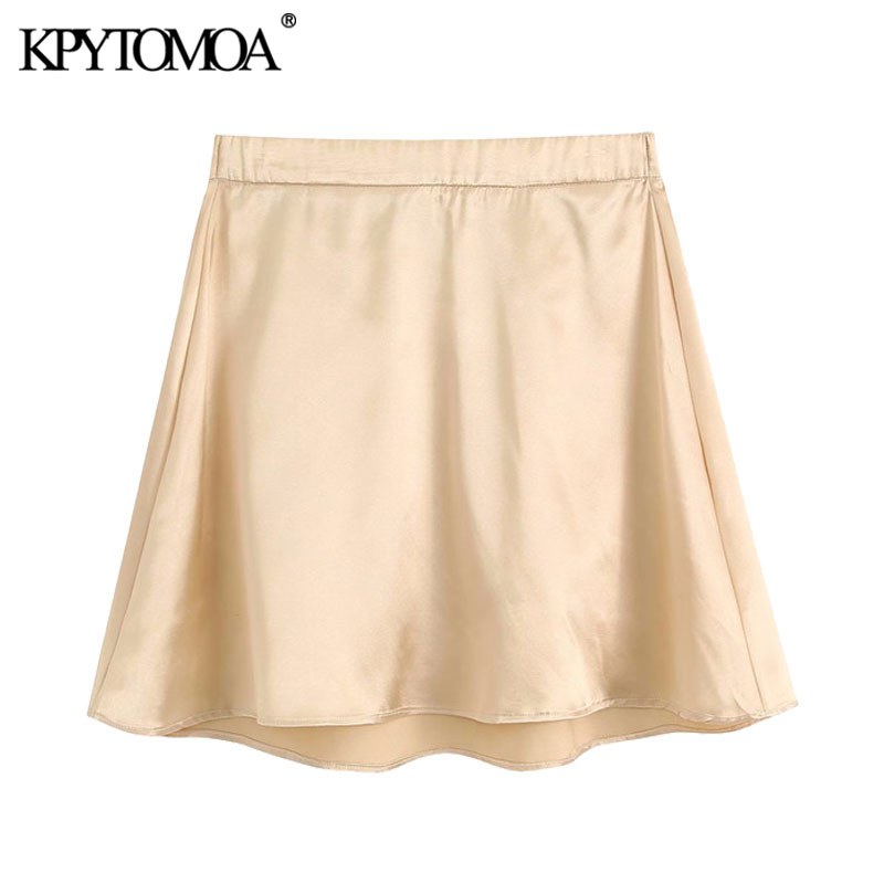

KPYTOMOA Women 2020 Chic Fashion Solid Cozy Mini Skirt Vintage A Line High Elastic Waist Female Skirts Faldas Mujer, As picture