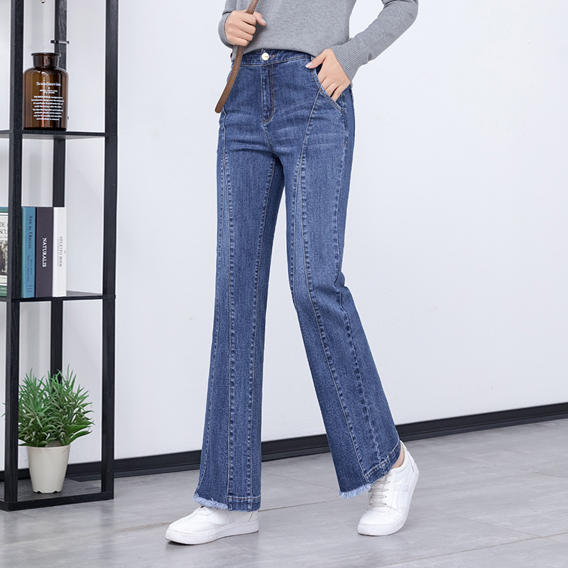 

Women's jeans 2020 spring and summer creative flared jeans women loose casual high waist was thin woolen trousers, Blue
