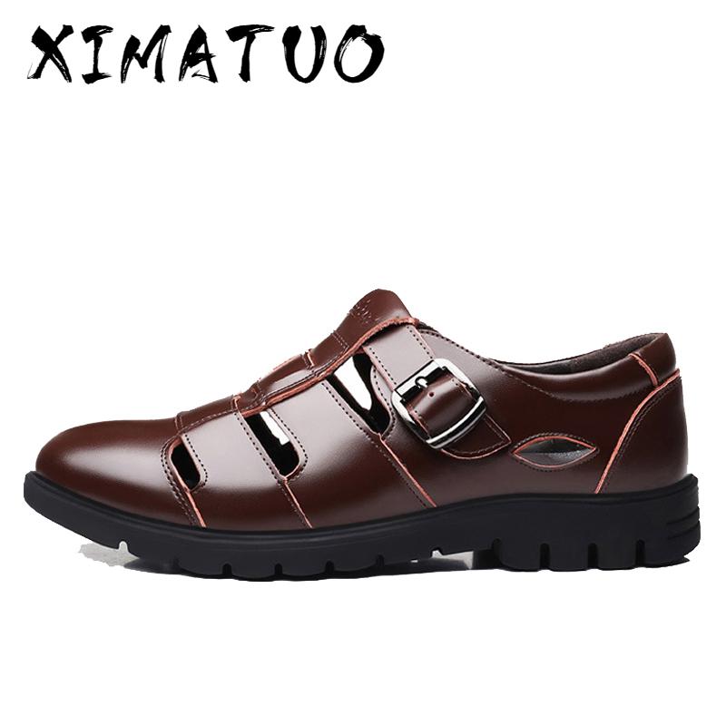 

Men Sandals Genuine Leather Sandals Men Breathable Outdoor Casual Male Beach Shoes Man Flat Big Size 38-47 Drop Shipping, Black