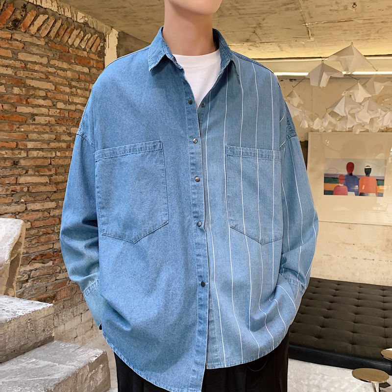 

Men's long-sleeved shirt 2020 autumn and winter new couple loose striped long-sleeved shirt young fashion men's clothing, Blue