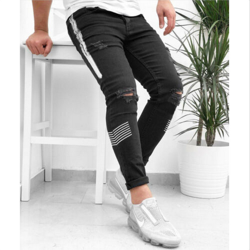 

Mens Denim Fashion Hole Zipper Ripped Skinny Jeans Destroyed Frayed Slim Fit Denim Pants Trousers 2020 Hot Sale, Black