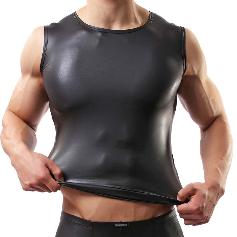 

New Patent Leather Summer Men Clothing Tank Tops Black Singlets Sleeveless Fitness Men Vest Bodybuilding