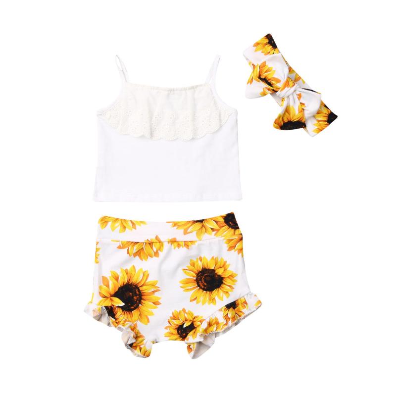 

Summer 3Pcs Toddler Newborn BAby Girls Set Clothing Solid Sun-top+Sunflower Print Short Pants+Bow Headband Outfit 0-24M, As pic