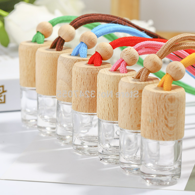 

20/50pcs 5ML Clear Glass Empty Car Perfume Refillable Hang Bottle with Wood Cap, Small Portable Scent Container Decorations Gift