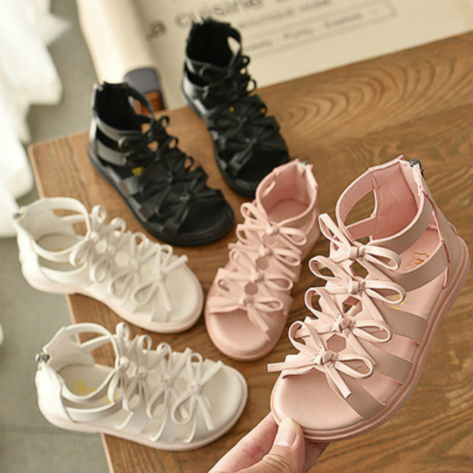 

2020 Girls Designer Sandals Summer New Arrival Roman Shoes Girl Children Princess Shoes with Bow Fashion Solid Color Baby Sandals, Black
