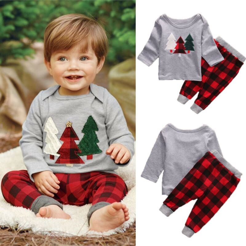 

Christmas Lovely Causal Toddler Baby Boys Clothes Sets 2PCS Long Sleeve Cartoon Sweatshirt Tops+Plaid Pants Outfit 1-6Y, As pic
