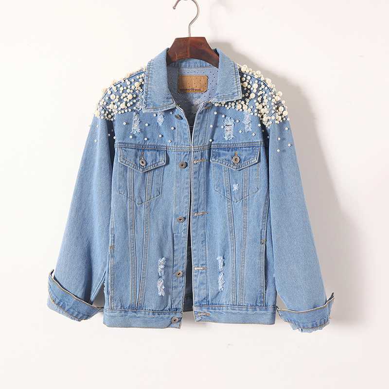 

2020 New Harajuku Autumn Women Cowboy Outerwear Plus size Long sleeve Hole Denim jackets Pearl Beading Casual Female Jean coat, Light blue