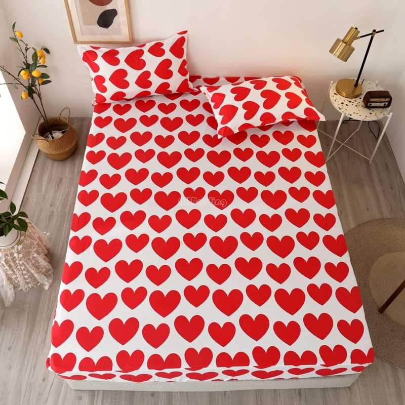 

Red Love Pattern Fitted Sheet Bed Sheet with Elastic Band Couple Mattress Protector Cover Bedspreads Bedclothes Linen 180*200cm, 26