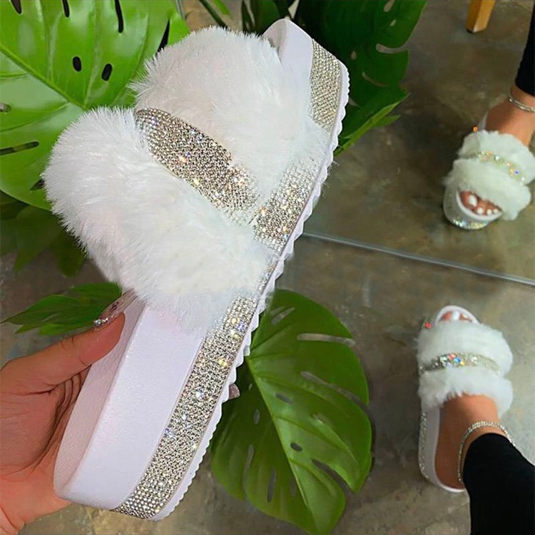 

Women Summer New Fur Sandals Slippers Flat Slides Home Furry Flat Sandals Female Cute Fluffy House Shoes Luxury Women, Black