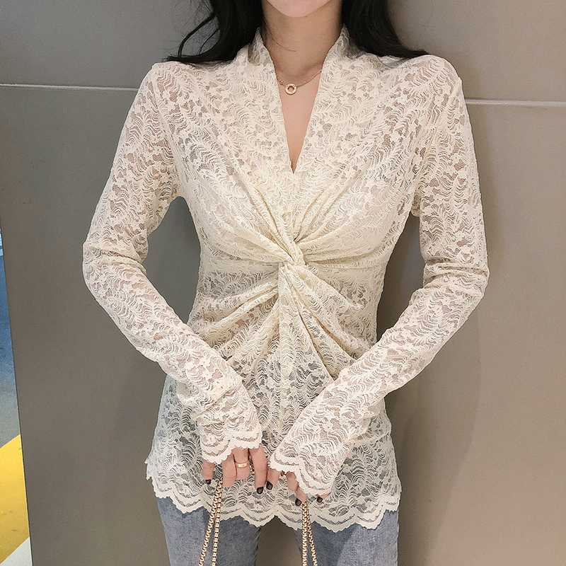 

Women Cross Criss V-neck Lace Blouses Shirts Female Full Sleeve Chic Solid Elasticity Tops Blouses Girls 2020 Spring, Black