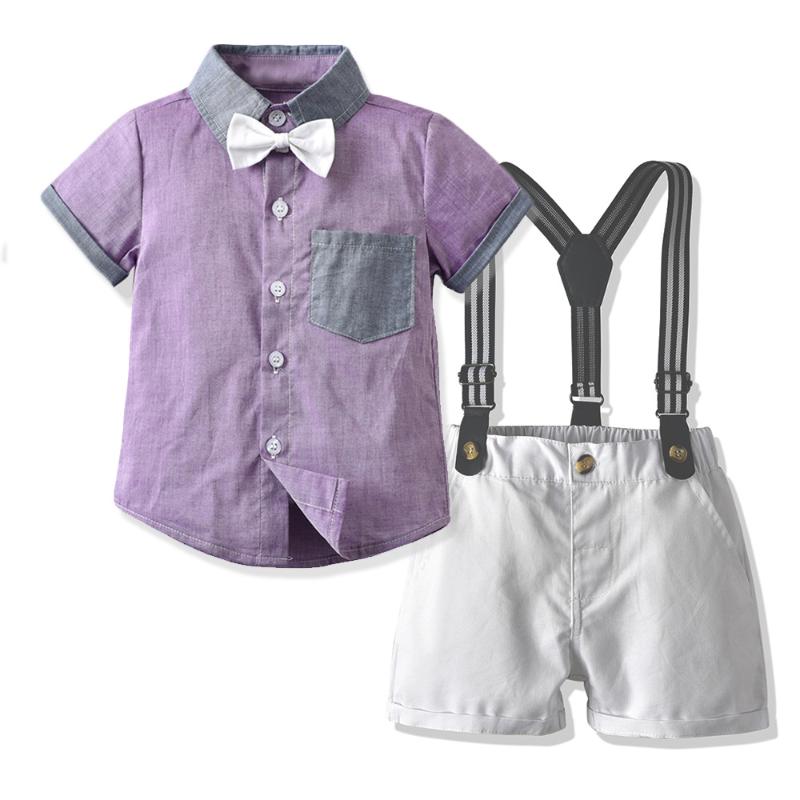 

Boy's Bow Decor Purple Shirts+White Strap Shorts 2PCS Clothing Sets Little Gentlemen Fashion Summer 2PCS Clothing Sets, As pic