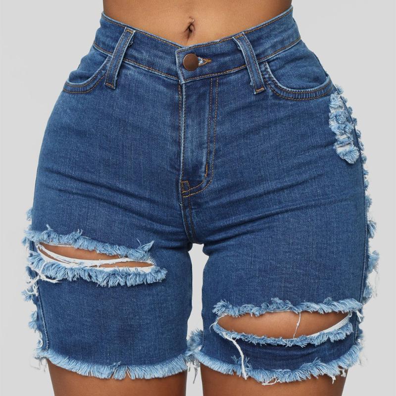 

WEPBEL Women' Denim Jeans Shorts Hole High Waist Stretch Jeans Women Fashion Summer New Mid Waist Sexy, Blue
